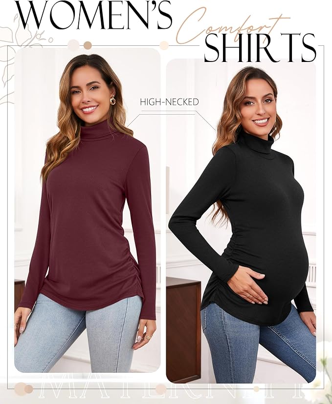 Ficerd 3 Pack Women's Maternity Shirts, Turtleneck Long Sleeve Pregnancy Tops - Image 2