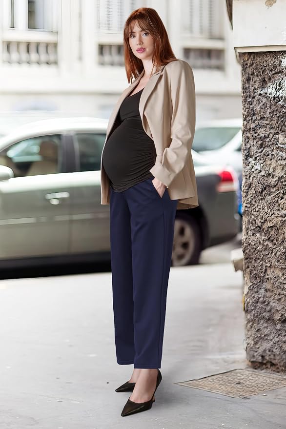 OUGES Womens Stretchy Maternity Over Belly Casual Work Straight Leg Pants Ankle - Image 5