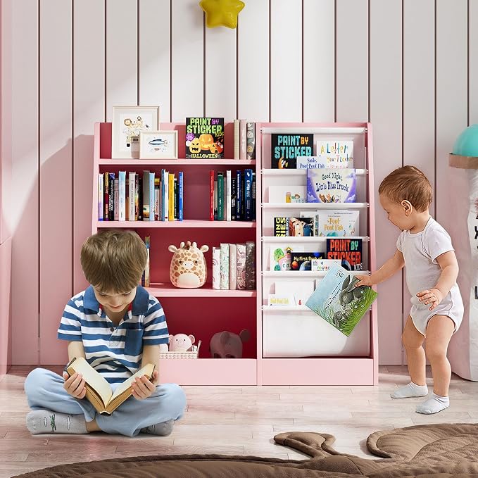 Pink 4-Tier Kids Wooden Bookshelf, 5 Layer Sling Bookcase, Baby Storage Book - Image 2