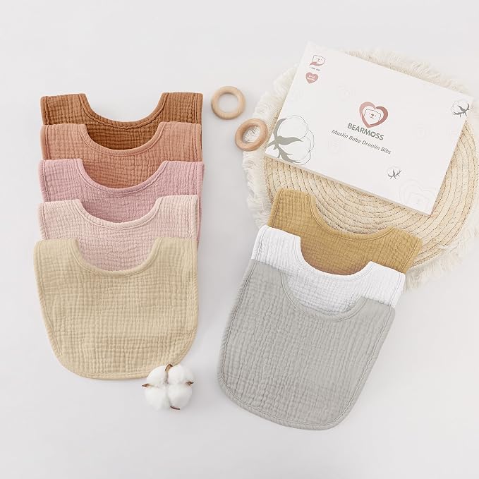 Bearmoss Muslin Baby Drooling Bibs 8 Pack, 100% Cotton Square Adjustable - Image 7