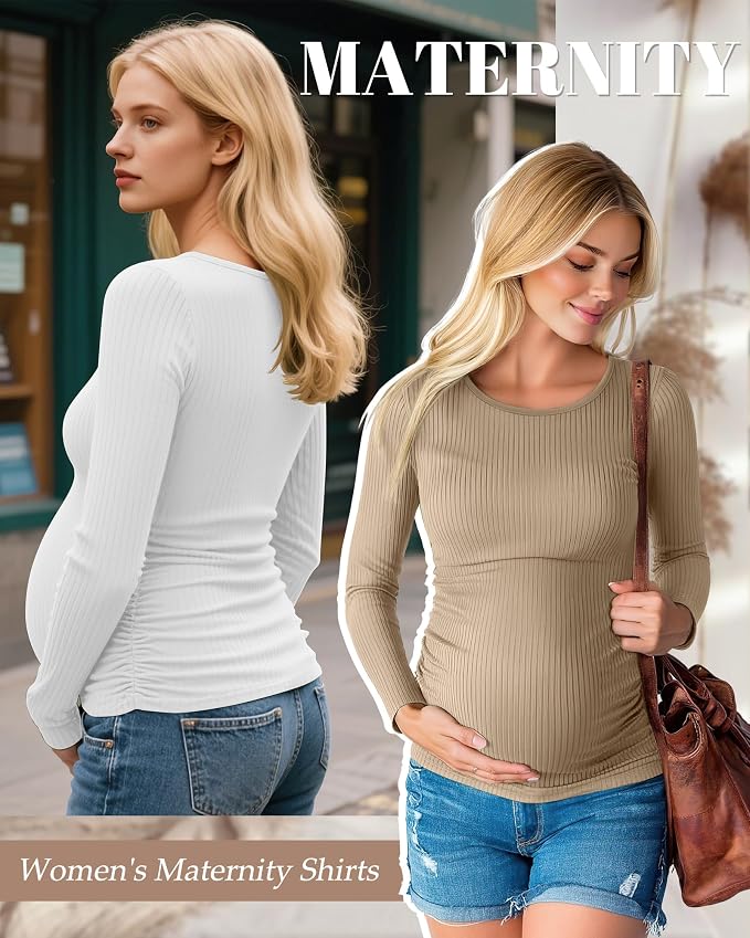 Huukeay 4 Pack Women's Maternity Shirts, Long Sleeve Cotton Ribbed Pregnancy - Image 2