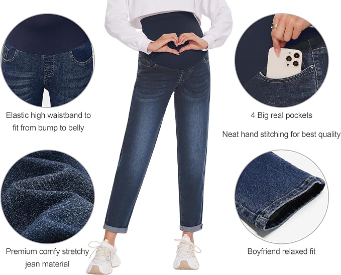 POSHGLAM Women's Maternity Jeans Over Belly Comfy Stretch 28'' Boyfriend Jeans - Image 2