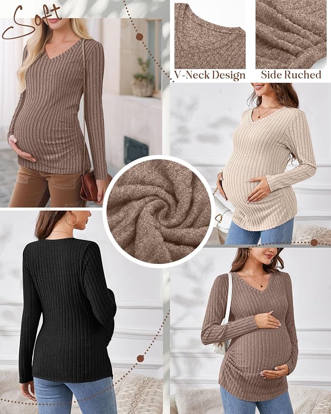 Ficerd 3 Pack Women's Maternity Shirts Ribbed Long Sleeve Pregnancy Tops V Neck - Image 4