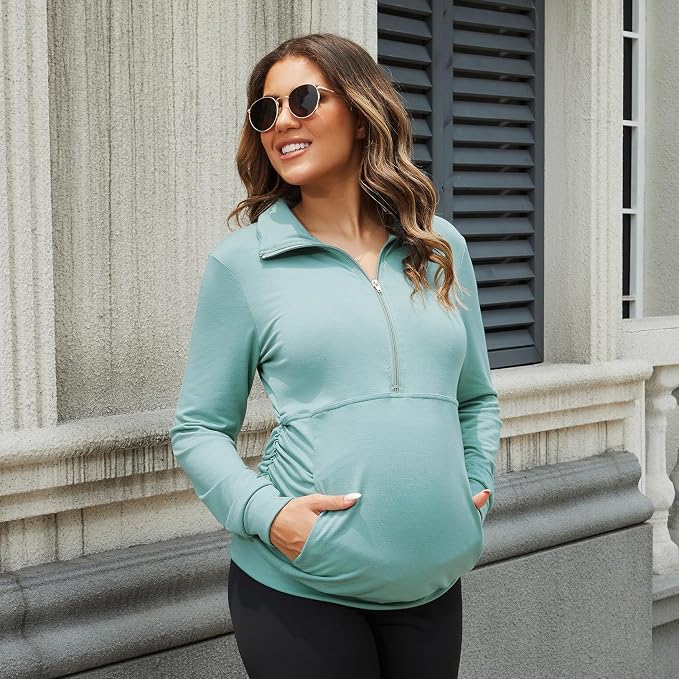 GINKANA Maternity Women's Long Sleeve Shirt Half Zipper Lapel Lightweight - Image 3