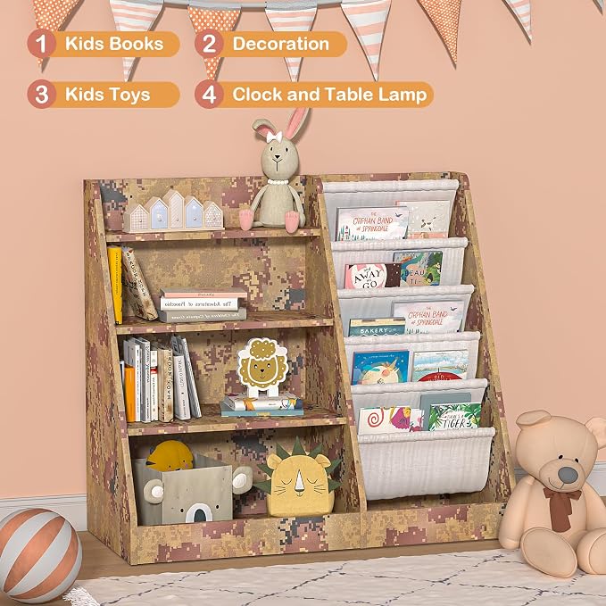4 Tier Kids Bookshelf Wooden, Five Layer Sling Children Bookcase, Baby Toddler - Image 6
