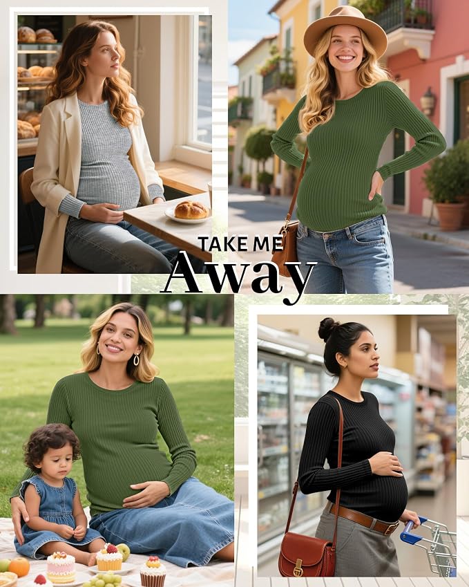 Riyiper 3 Pack Women's Maternity Shirts Long Sleeve Ribbed Knit Pregnancy Tees - Image 5
