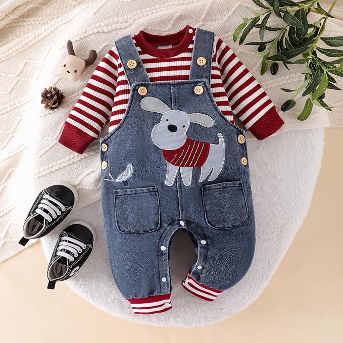 Baby Boy Clothes Fall Winter Outfits Long Sleeve Striped Romper Cute Cartoon - Image 2
