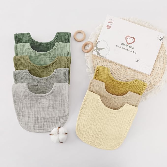 Bearmoss Muslin Baby Drooling Bibs 8 Pack, 100% Cotton Square Adjustable - Image 7