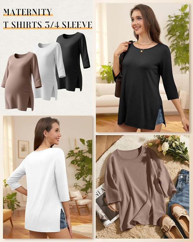 3 Pack Women's 3/4 Sleeve Maternity Shirts Elbow Length Clothes Round Neck - Image 3