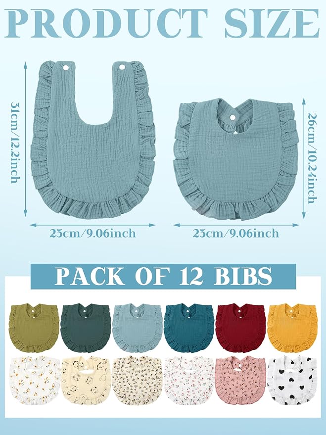 Geyoga 12 Pack Muslin Baby Bibs Adjustable Bandana Drool Bib - Image 3