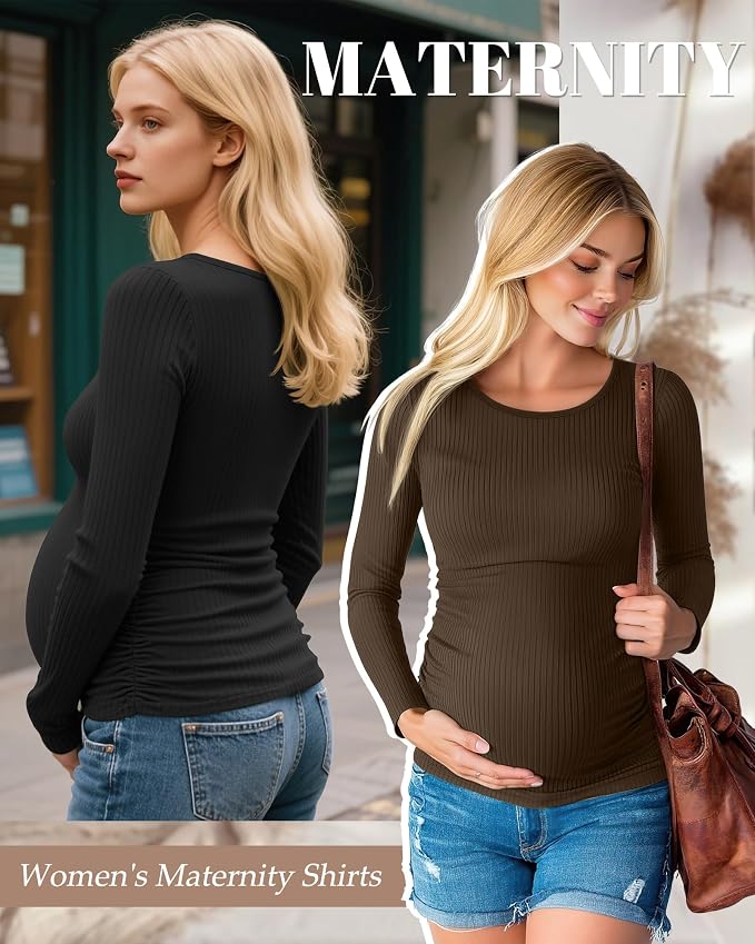 Huukeay 4 Pack Women's Maternity Shirts, Long Sleeve Cotton Ribbed Pregnancy - Image 2