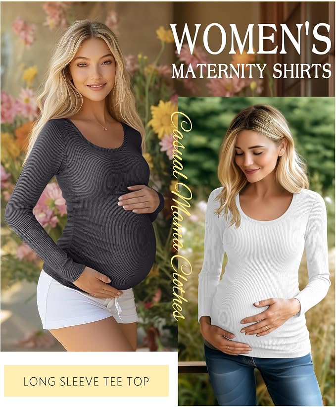 Riyiper 4 Pack Women's Maternity Shirts, Long Sleeve Cotton Ribbed Pregnancy - Image 3