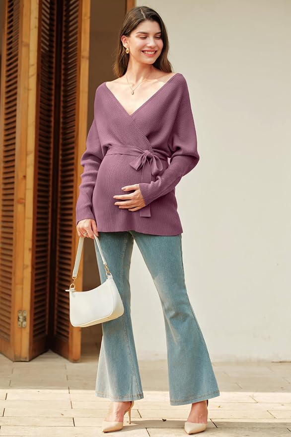 OUGES Womens Soft Cotton Blend Maternity Sweater Wrap V Neck Long Sleeve V Back - Image 6