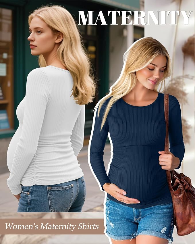 Huukeay 4 Pack Women's Maternity Shirts, Long Sleeve Cotton Ribbed Pregnancy - Image 2