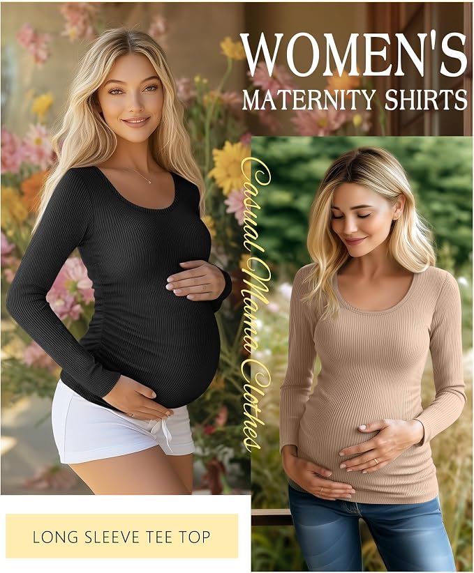 Riyiper 4 Pack Women's Maternity Shirts, Long Sleeve Cotton Ribbed Pregnancy - Image 3