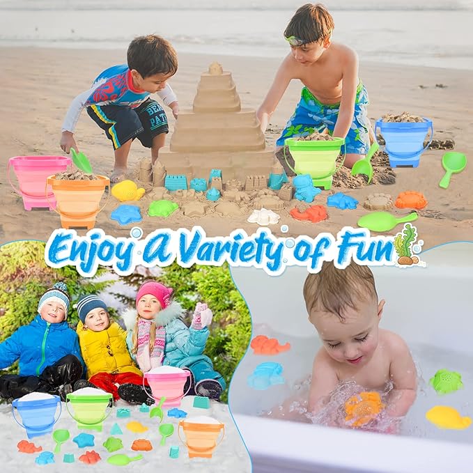 4 Packs Foldable Beach Buckets Set, Collapsible Bucket - Image 5