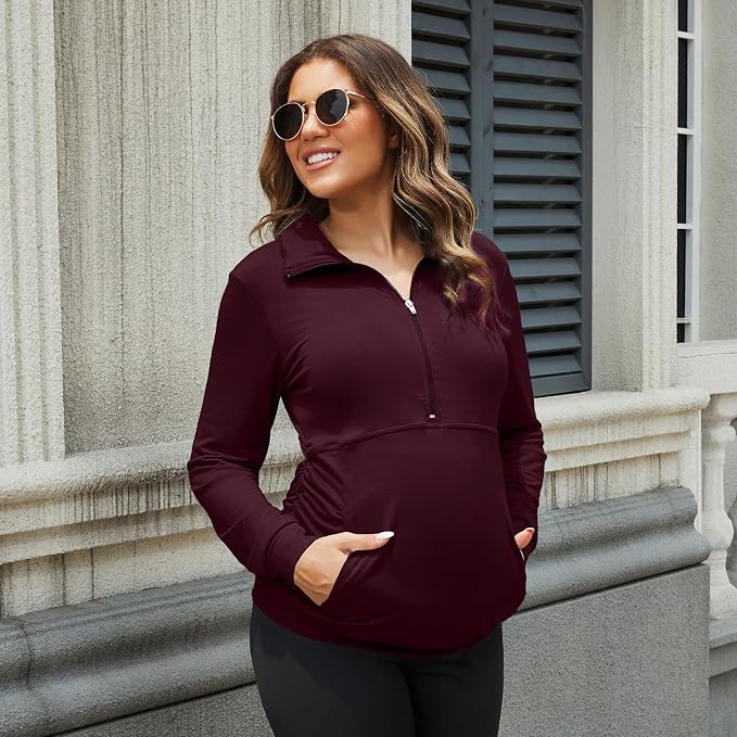 GINKANA Maternity Women's Long Sleeve Shirt Half Zipper Lapel Lightweight - Image 3