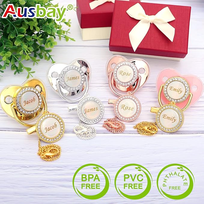 Personalized Pacifier Set with Name, BPA Free, Bling Gold Silver Pink Rose Gold - Image 4