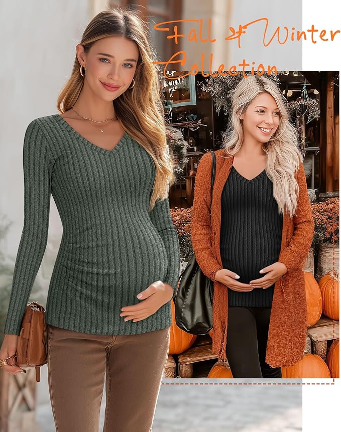 Ficerd 3 Pack Women's Maternity Shirts Ribbed Long Sleeve Pregnancy Tops V Neck - Image 5