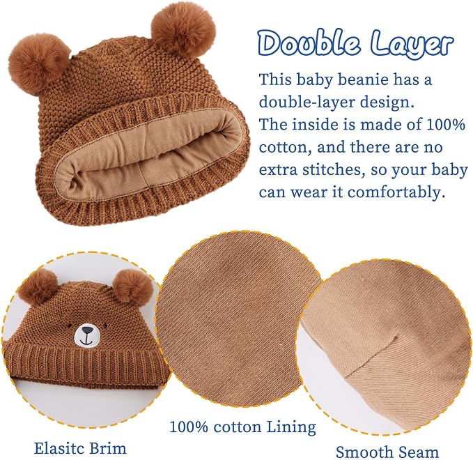 JANGANNSA Cute Bear Baby Beanie Pompom Baby Boys Hat Infant Toddler Winter - Image 4