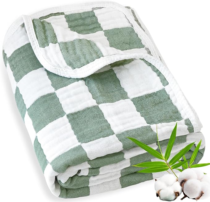 Muslin Baby Blanket Unisex Sage Green Checkerboard Toddler Blanket by BEILIMU