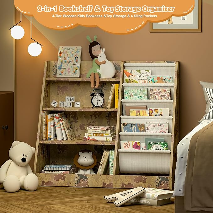 4 Tier Kids Bookshelf Wooden, Five Layer Sling Children Bookcase, Baby Toddler - Image 4
