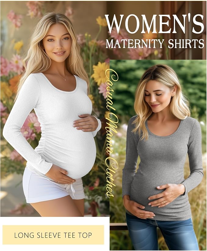 Riyiper 4 Pack Women's Maternity Shirts, Long Sleeve Cotton Ribbed Pregnancy - Image 3