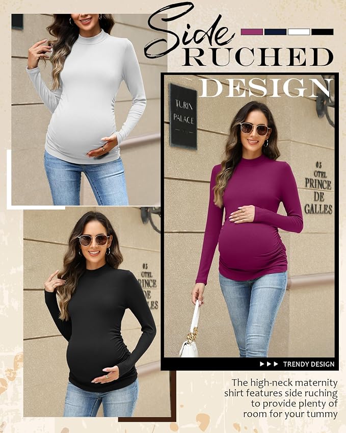 4 Packs Womens Maternity Shirts Long Sleeve Cotton Ribbed Pregnancy Mock Neck - Image 5
