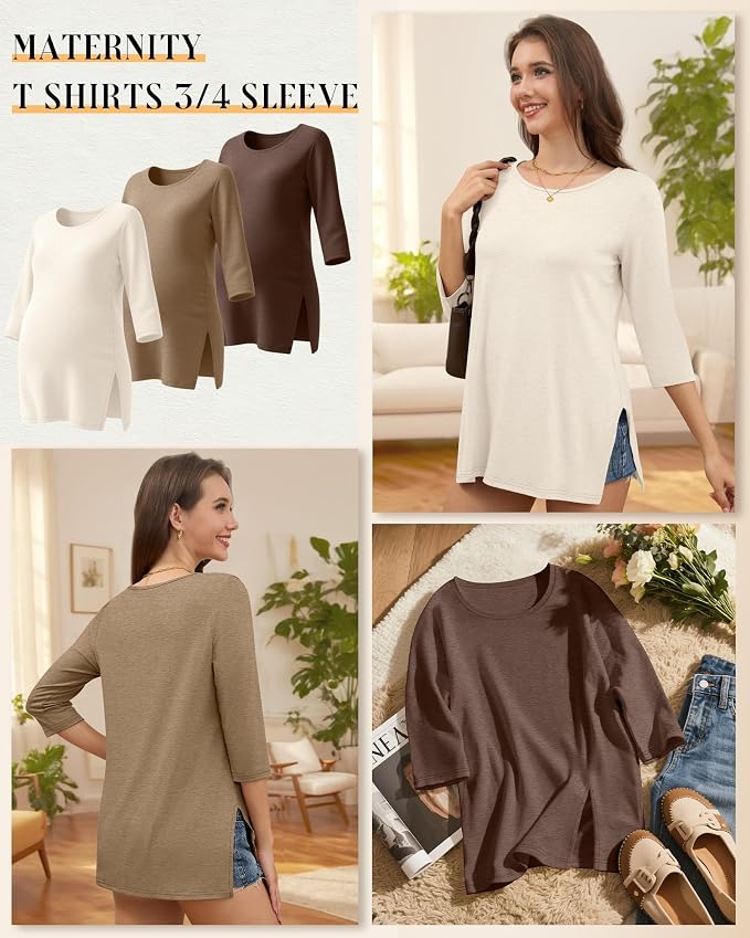 3 Pack Women's 3/4 Sleeve Maternity Shirts Elbow Length Clothes Round Neck - Image 3