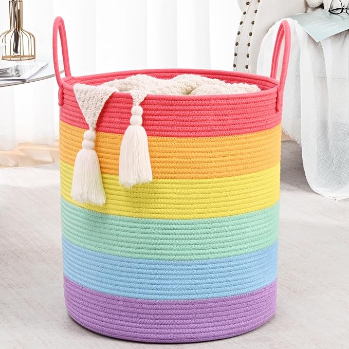 52L Rainbow Storage Basket for Organizing, Cotton Rope Woven Blanket Basket by Degeyoyo