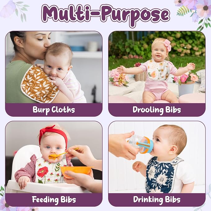Zainpe 6Pcs Snap Muslin Cotton Baby Bibs Flower Pattern Infants Drooling Bib - Image 6