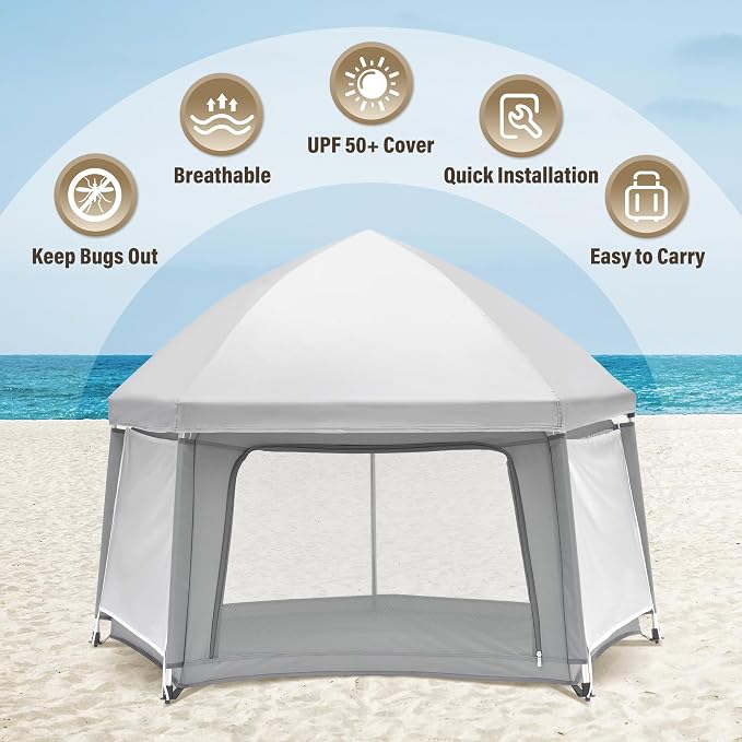 Portable Baby Playpen with Inflatable Mattress & Sunshade, Outdoor Baby Playpen - Image 2