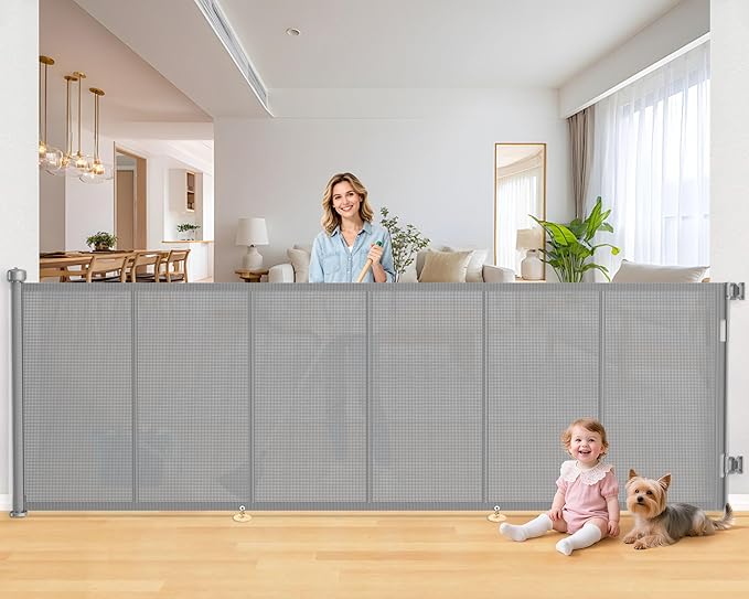 120 Inch Retractable Baby Gates Extra Wide, 41 Inch Reinforced Extra Tall Gate by EZIGO