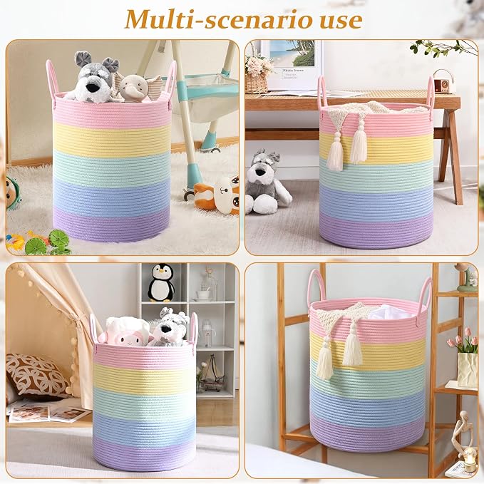 52L Rainbow Storage Basket for Organizing, Cotton Rope Woven Blanket Basket - Image 4