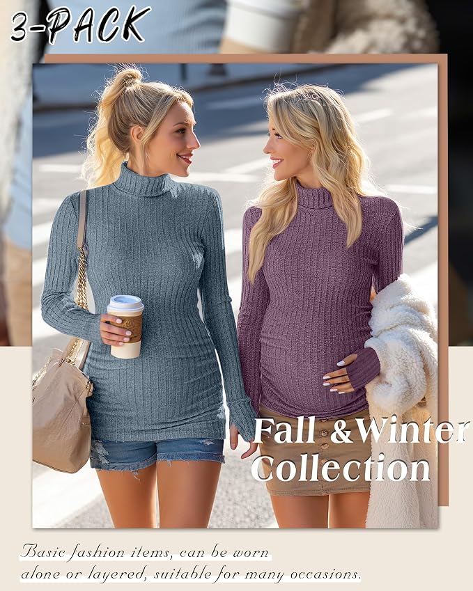 3 Pack Maternity T-Shirts Pregnancy Tops Women Sweater Long Sleeve Turtleneck - Image 5