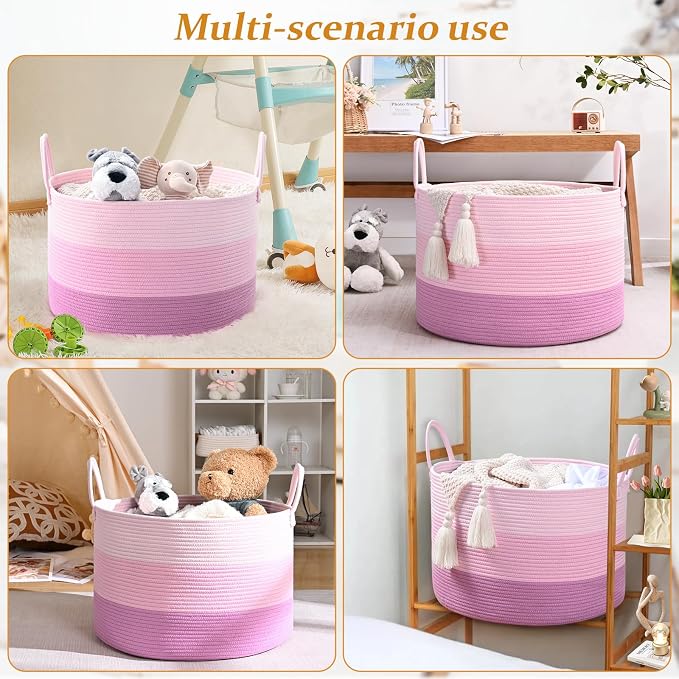 67L Rainbow Storage Basket for Organizing, Cotton Rope Woven Blanket Basket - Image 7