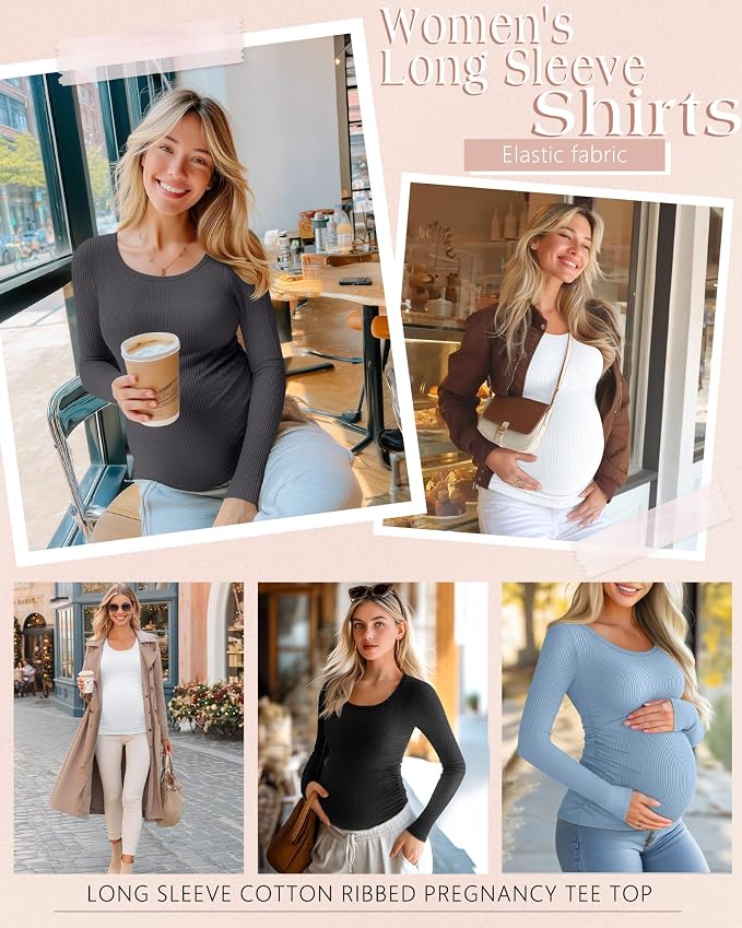 Riyiper 4 Pack Women's Maternity Shirts, Long Sleeve Cotton Ribbed Pregnancy - Image 2