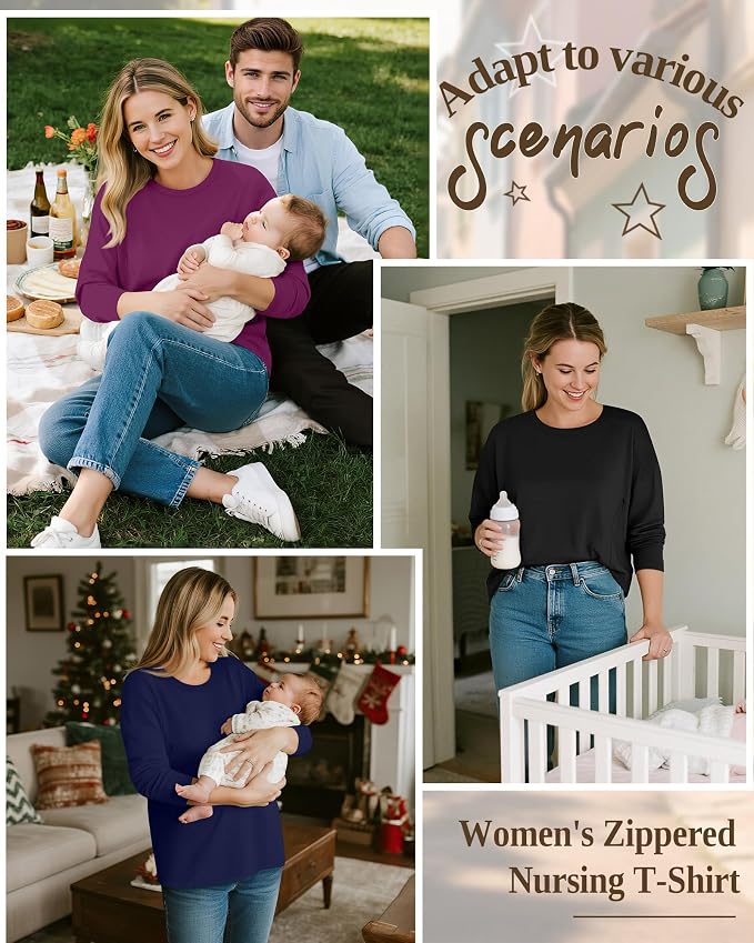 3 Pack Women's Nursing Breastfeeding Tops, Long Sleeve Maternity Shirts - Image 2