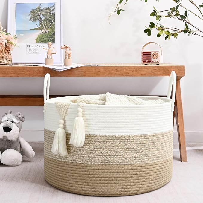67L Storage Basket for Organizing, Cotton Rope Woven Blanket Basket, Toy - Image 3