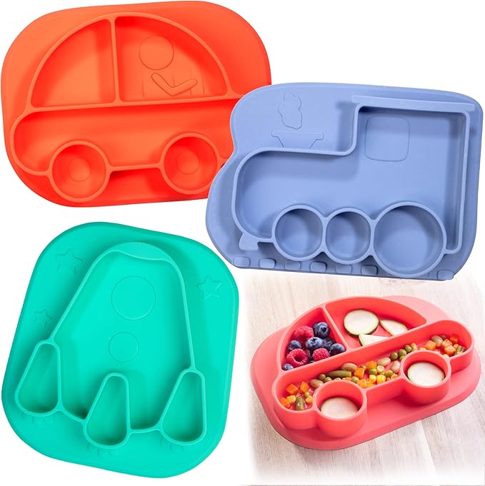 Vehicle Silicone Compartment Plates- 3 PK Car, Rocket- Large Divided Sections by Bentology