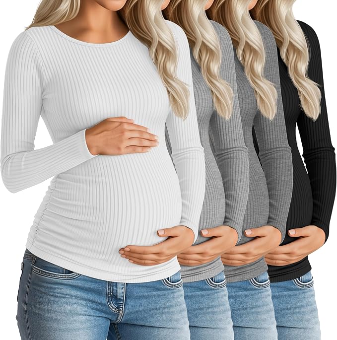 Huukeay 4 Pack Women's Maternity Shirts, Long Sleeve Cotton Ribbed Pregnancy by Huukeay
