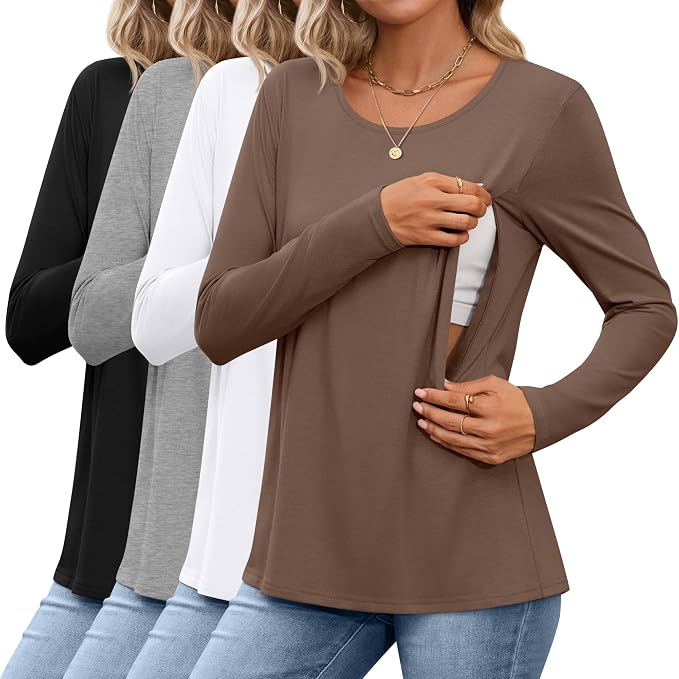 4 Pack Women's Cotton Nursing Tops, Breastfeeding Maternity by Oakgarden