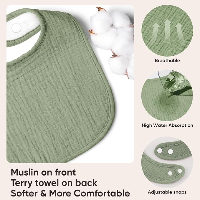 Bearmoss Muslin Baby Drooling Bibs 8 Pack, 100% Cotton Square Adjustable - Image 3