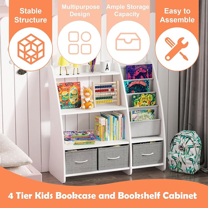 White Kids Bookshelf Wood Toy Storage Organizer Cabinet Children Bookcase - Image 6