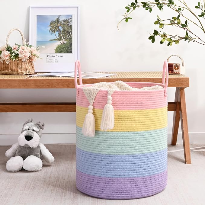 52L Rainbow Storage Basket for Organizing, Cotton Rope Woven Blanket Basket - Image 3
