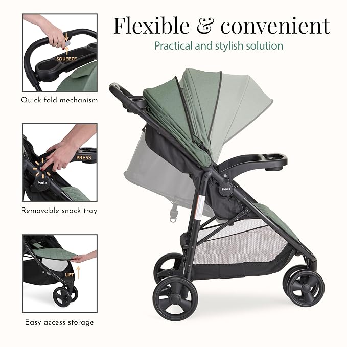 Evolur Breeze Stroller in Green, Adjustable Backrest & Canopy, Compact Fold - Image 3