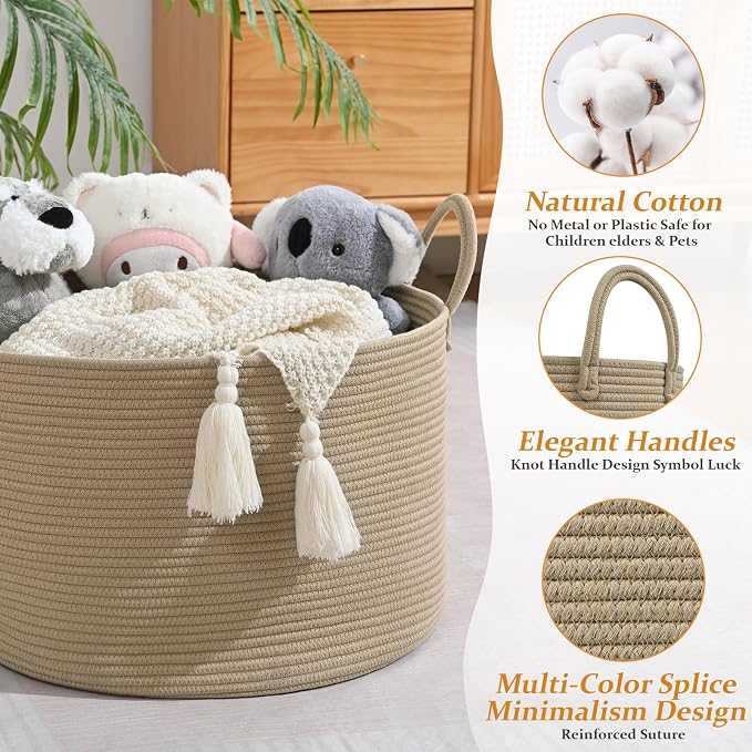 67L Storage Basket for Organizing, Cotton Rope Woven Blanket Basket, Toy - Image 5