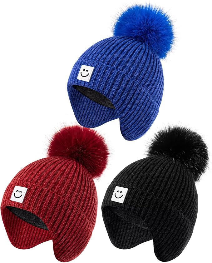 3 Pack Baby Winter Hats with Earflaps, 2 Size Kids Pom Pom Beanie by Alepo