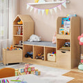 Vabches Kids Bookcase with Reading Nook, Oak Bookshelf with 7 Storage Cubbies & by Vabches