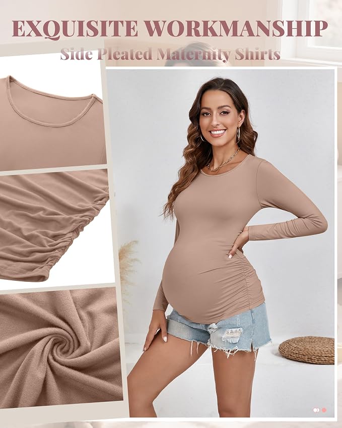 Ficerd 3 Pack Women's Maternity Shirts, Long Sleeve Side Ruched Pregnancy Tee - Image 6